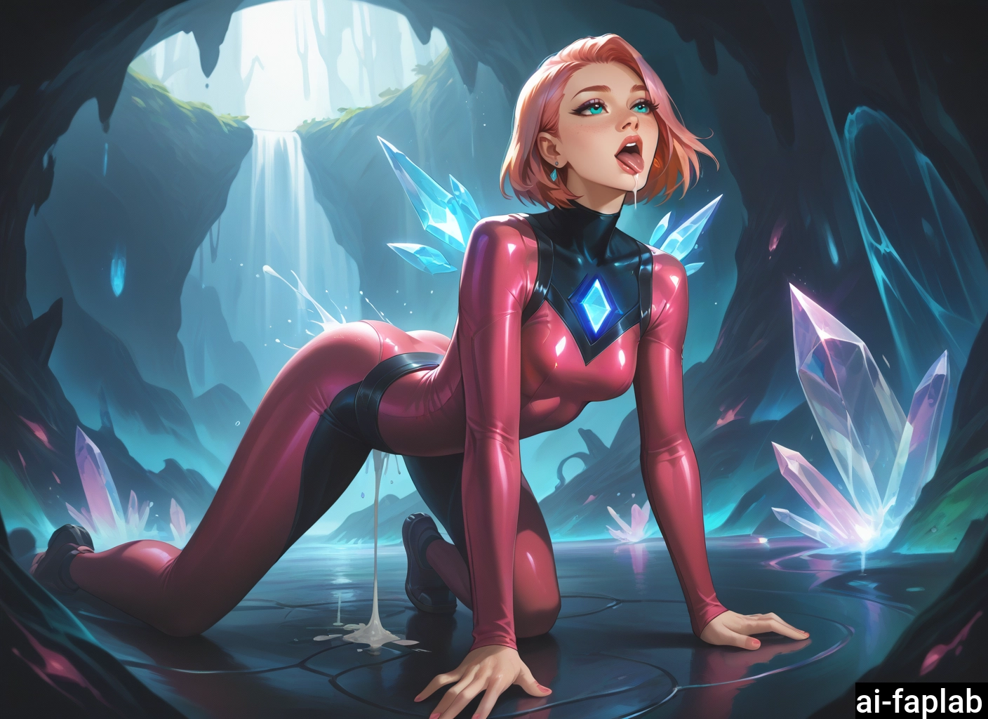 1girl, bodysuit, solo, all fours, tongue, earrings · Yamete.gg