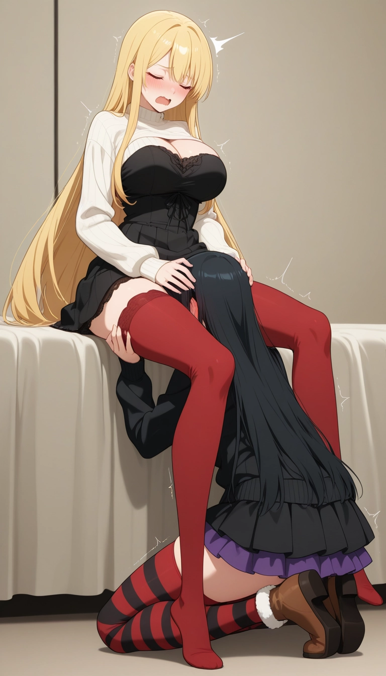 multiple girls, thighhighs, breasts, 2girls, oral, blonde hair