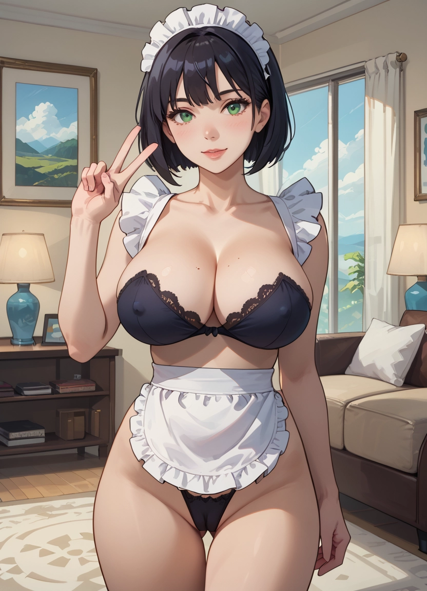 1girl, breasts, solo, green eyes, indoors, black hair · Yamete.gg