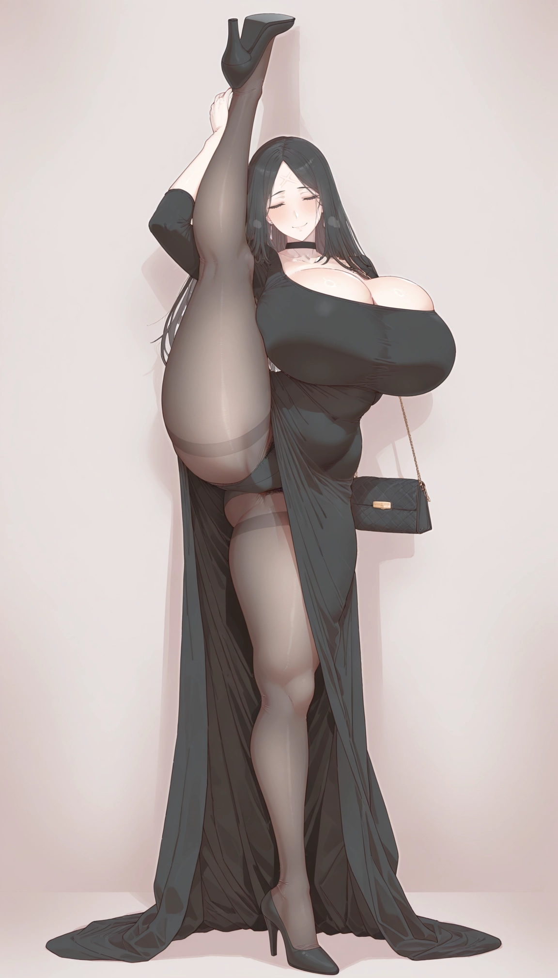 1girl, breasts, pantyhose, dress, standing, standing on one leg · Yamete.gg