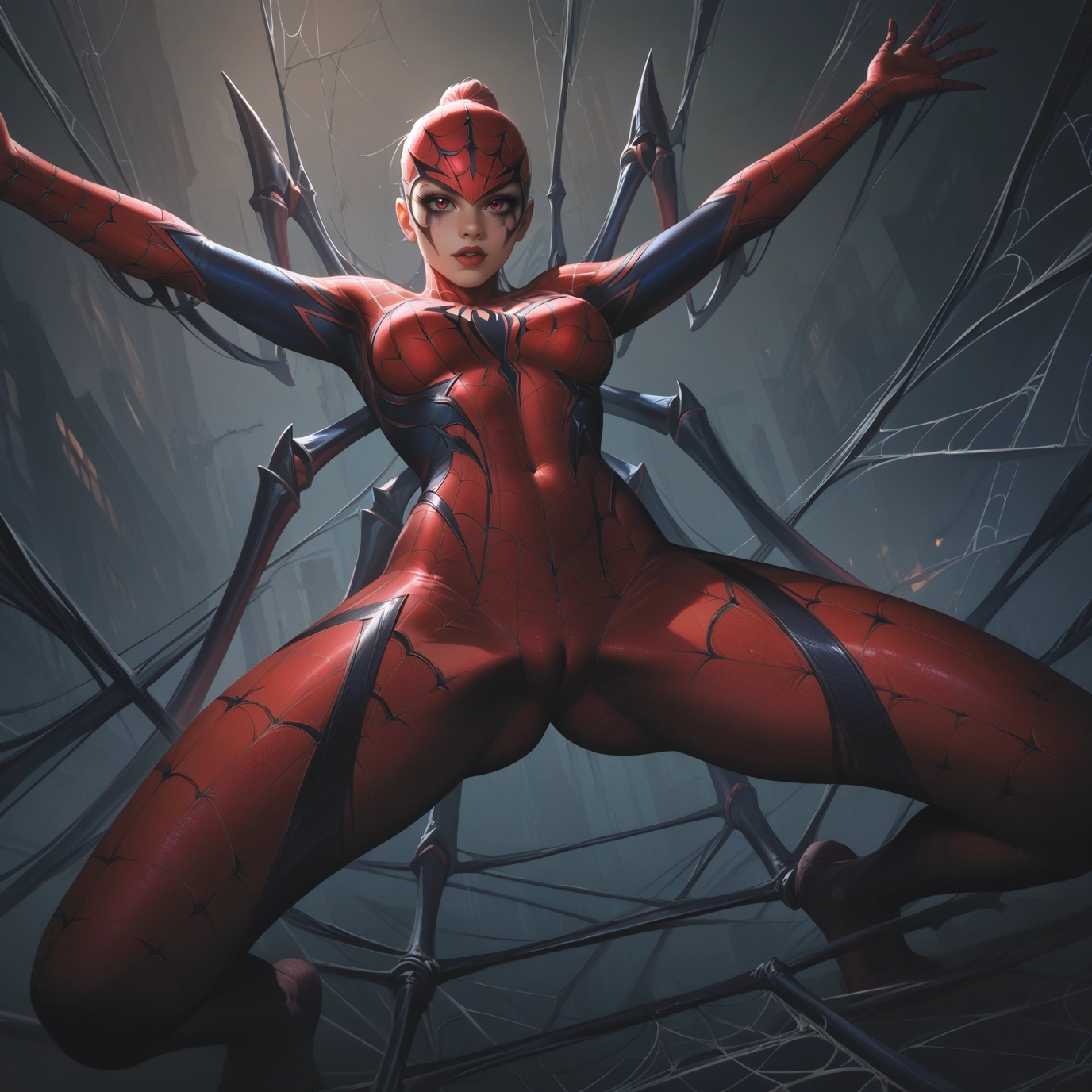 1girl, solo, bodysuit, silk, spider web, breasts · Yamete.gg