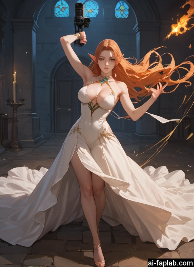 1girl, breasts, pointy ears, long hair, dress, weapon · Yamete.gg