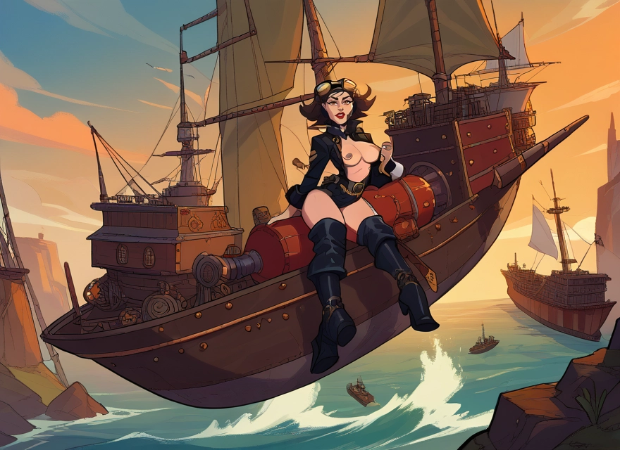 1girl, breasts, goggles, watercraft, boots, ship · Yamete.gg