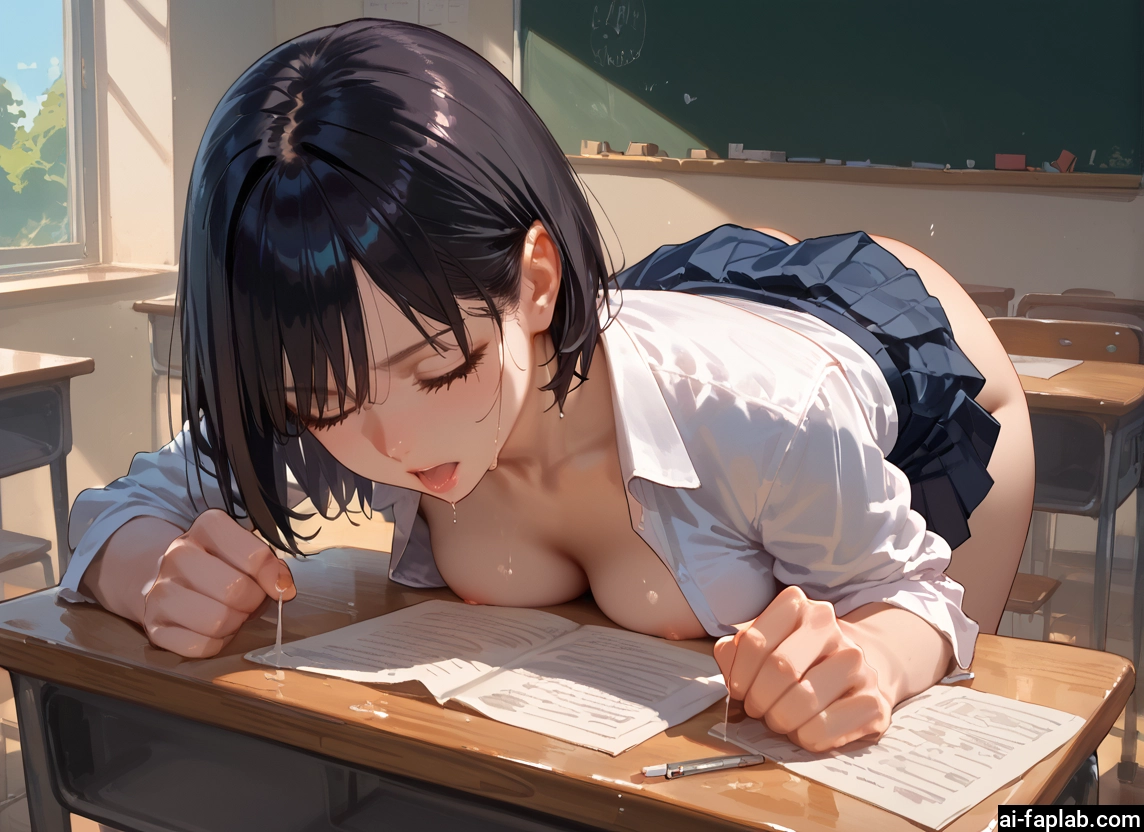 1girl, breasts, skirt, closed eyes, solo, desk · Yamete.gg