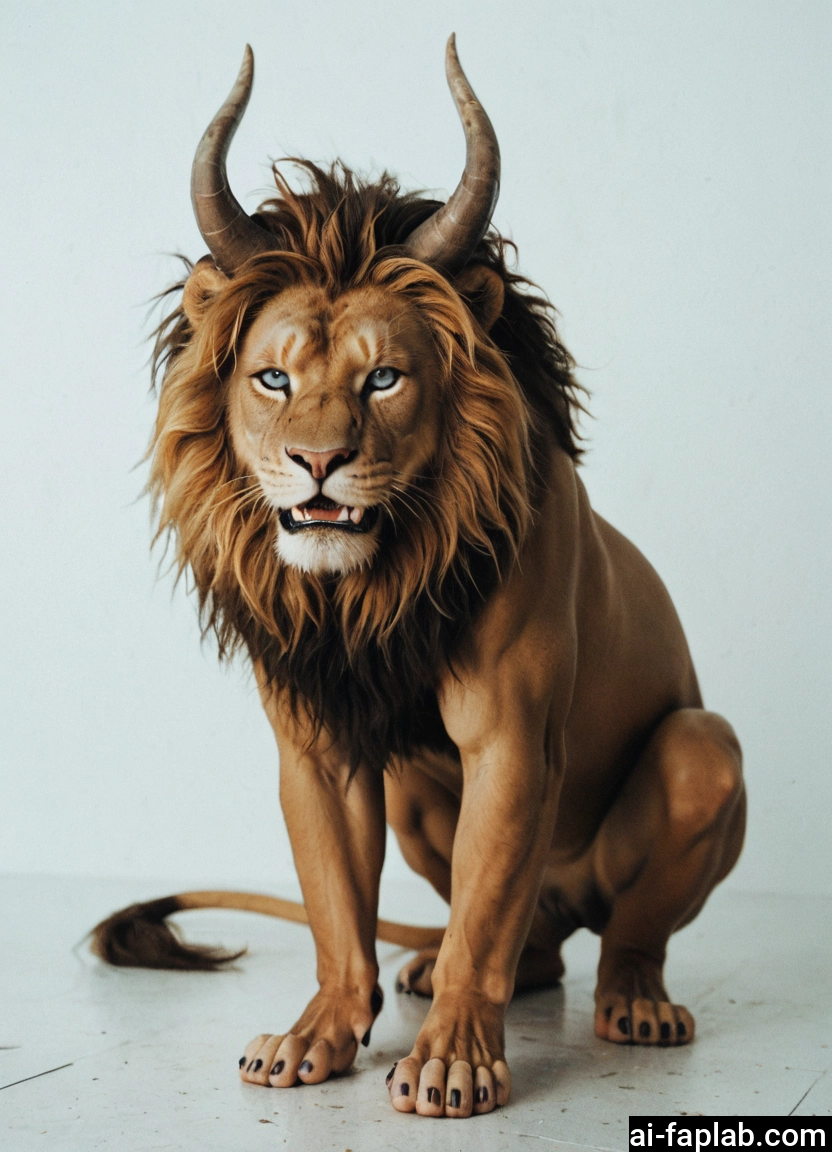 furry, no humans, lion, horns, realistic, blue eyes
