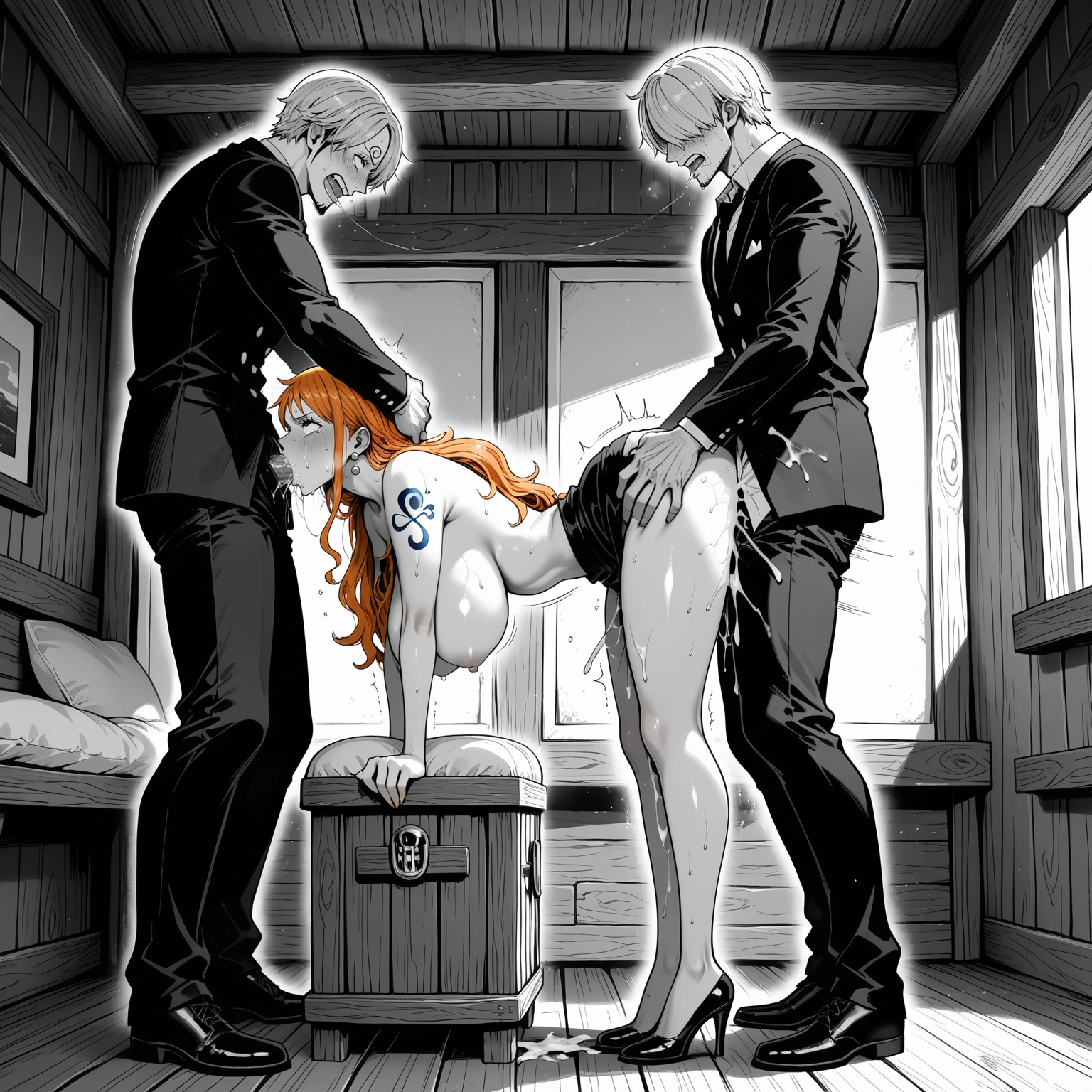 1girl, nami (one piece), multiple boys, 2boys, mmf threesome, threesome · Yamete.gg