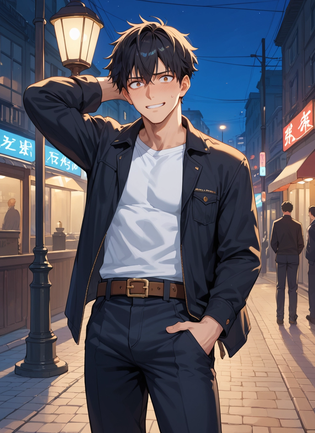 jacket, blush, shirt, pants, belt, black hair · Yamete.gg