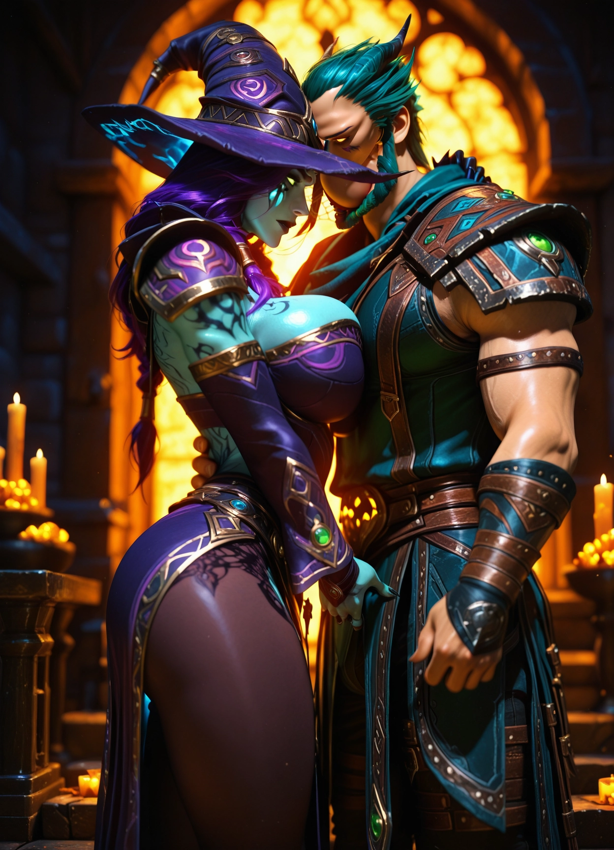 1girl, 1boy, breasts, hat, witch hat, muscular · Yamete.gg