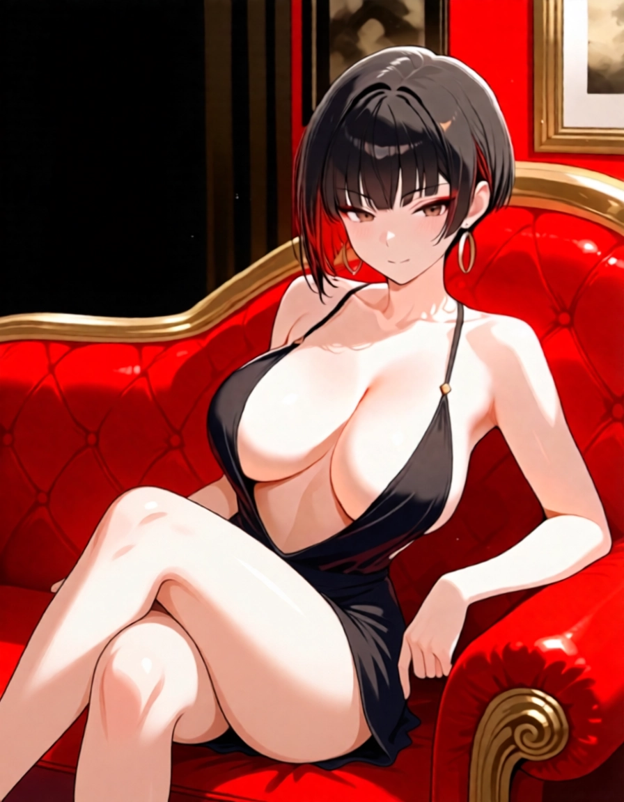 1girl, breasts, crossed legs, solo, black hair, dress · Yamete.gg