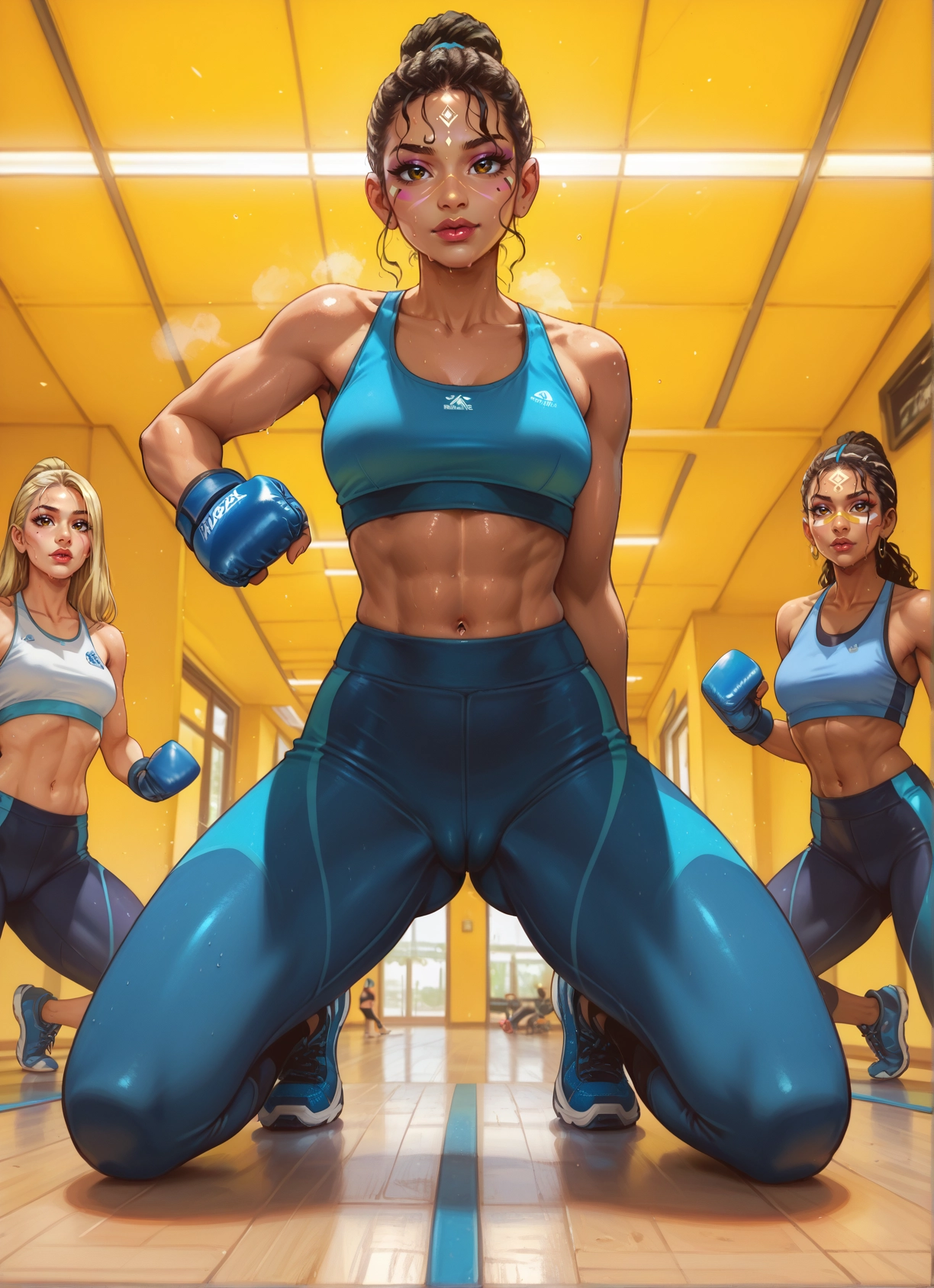 multiple girls, dark skin, dark-skinned female, sweat, abs, piercing · Yamete.gg