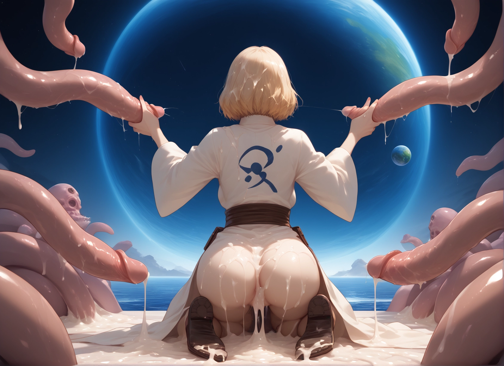 1girl, tentacles, ass, cum, blonde hair, from behind