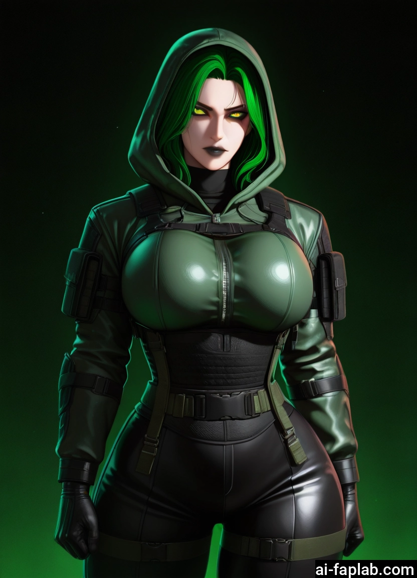 1girl, breasts, green hair, hood, solo, gloves