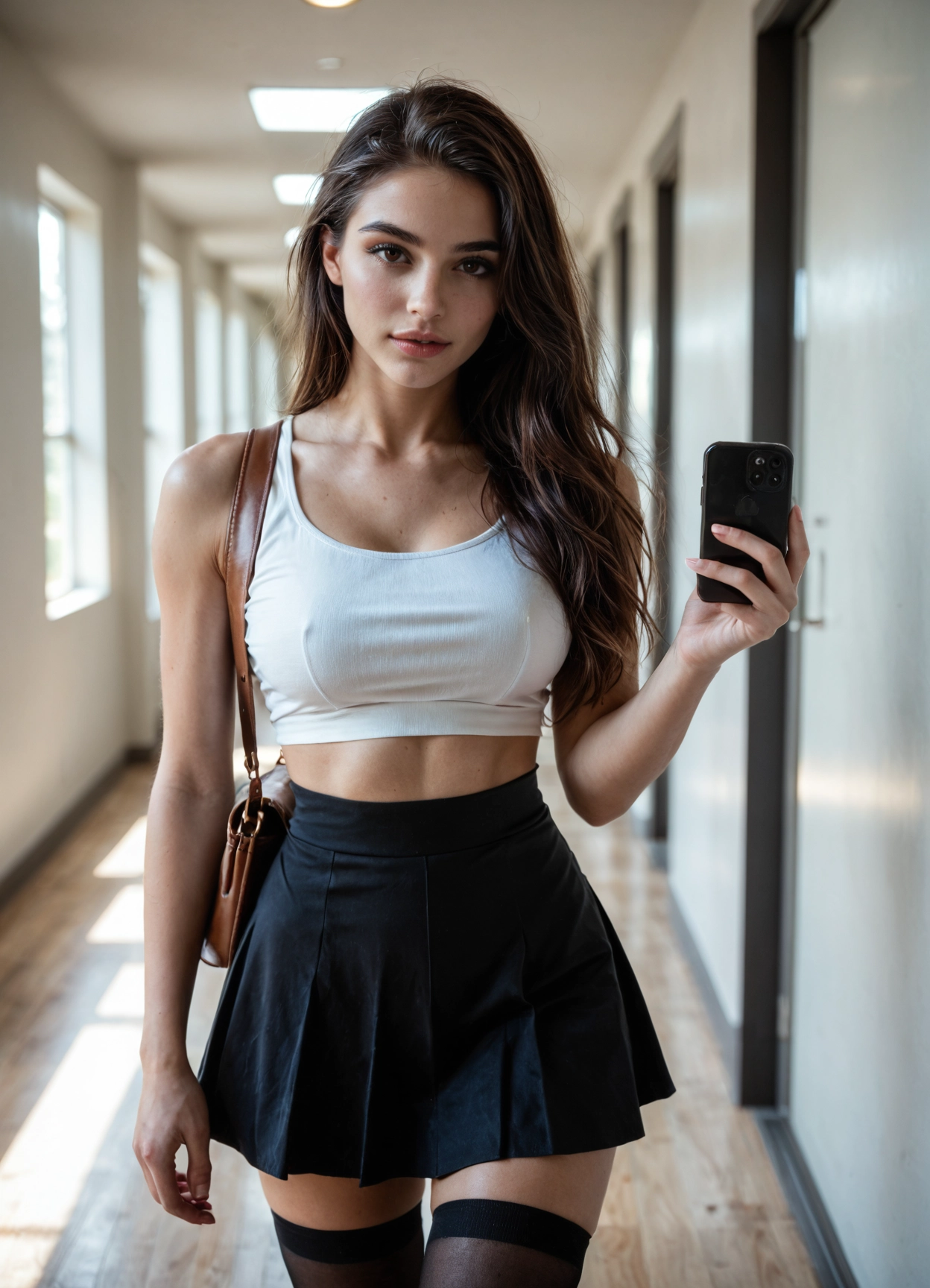 1girl, solo, skirt, phone, thighhighs, long hair · Yamete.gg
