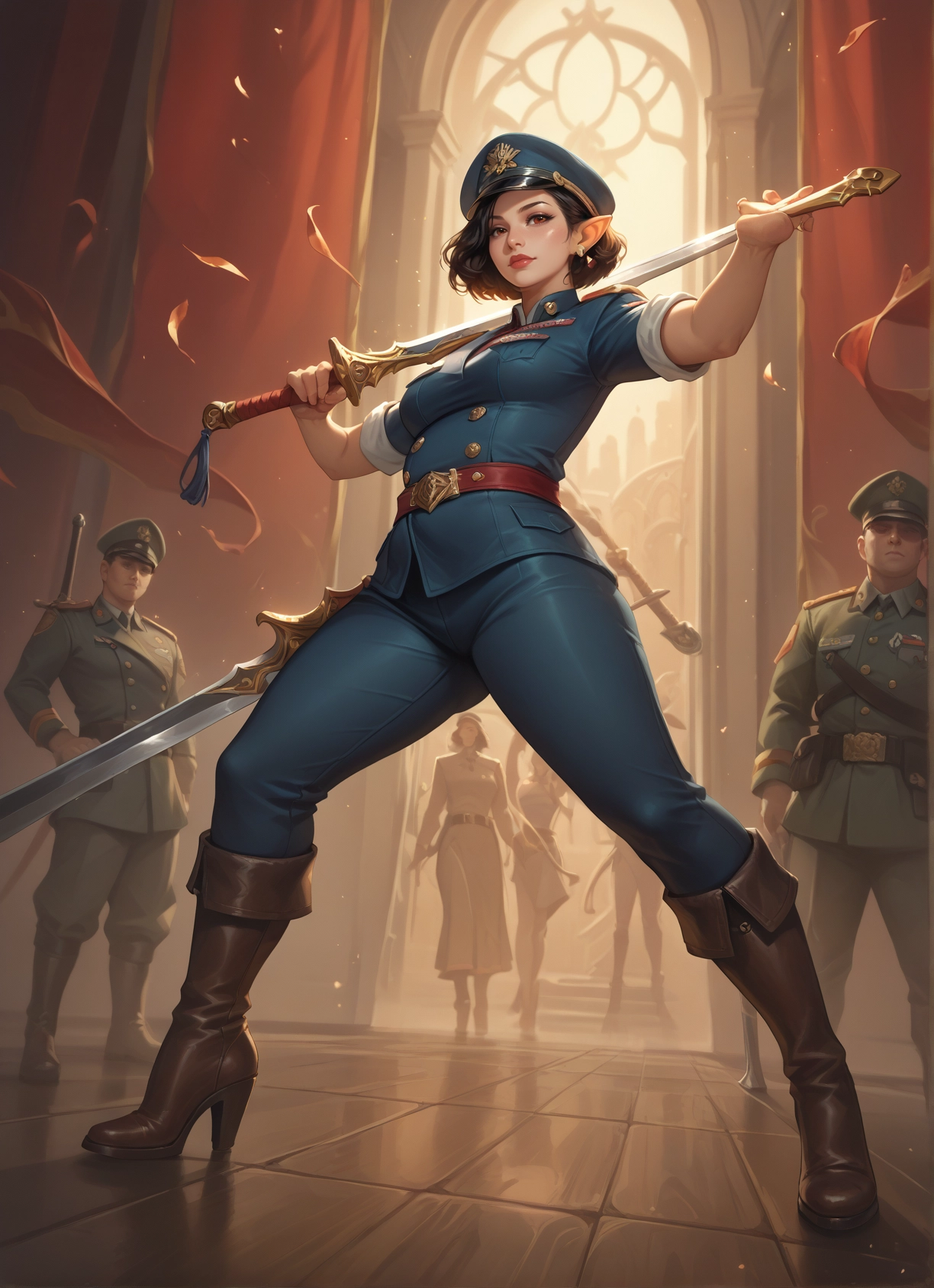 weapon, sword, pointy ears, boots, uniform, hat · Yamete.gg