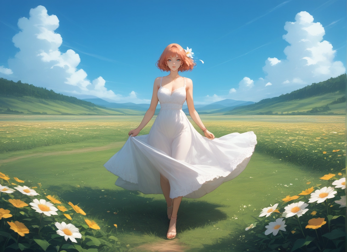 1girl, dress, flower, solo, outdoors, sky · Yamete.gg
