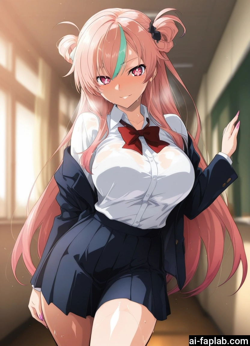 1girl, breasts, skirt, pink hair, multicolored hair, large breasts