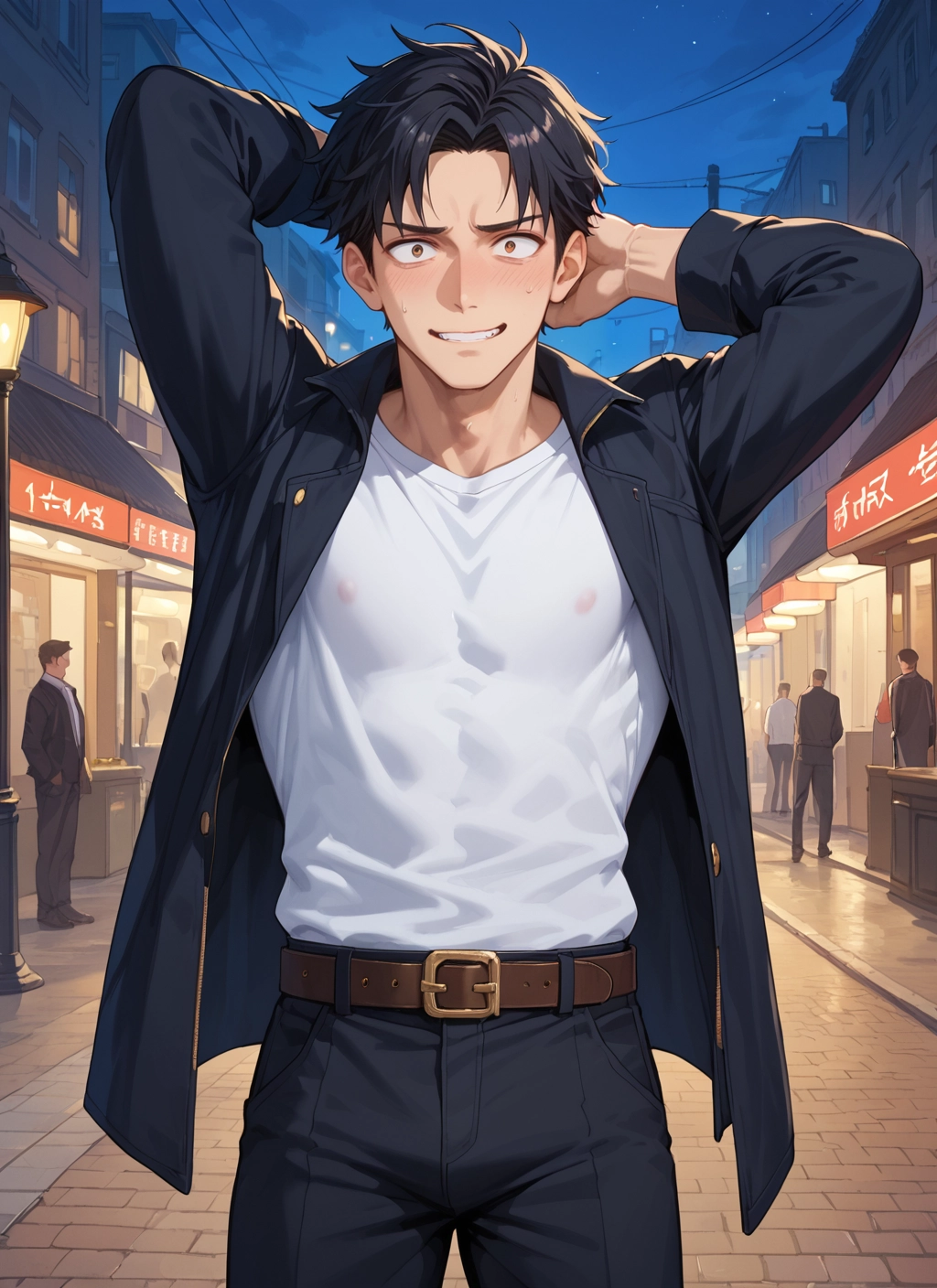 male focus, blush, black hair, belt, shirt, jacket · Yamete.gg