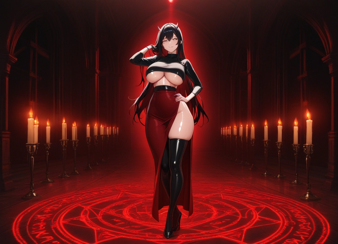1girl, breasts, thighhighs, black hair, underboob, long hair · Yamete.gg