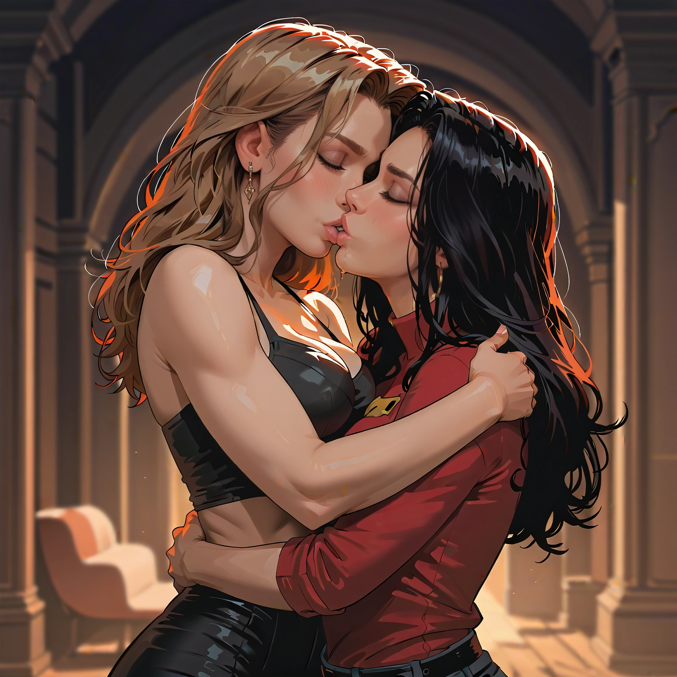 multiple girls, 2girls, yuri, jewelry, black hair, breasts · Yamete.gg