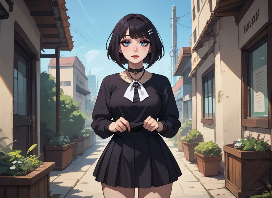 1girl, skirt, solo, blue eyes, hair ornament, black hair · Yamete.gg