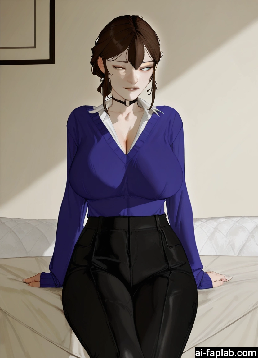 1girl, breasts, pants, choker, brown hair, cleavage