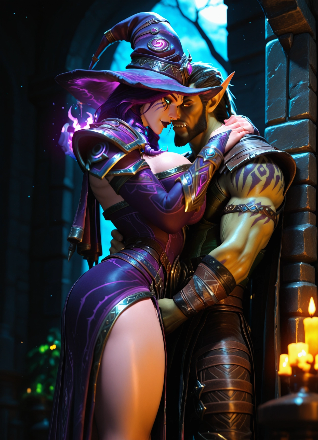 1girl, 1boy, hat, breasts, witch hat, pointy ears · Yamete.gg