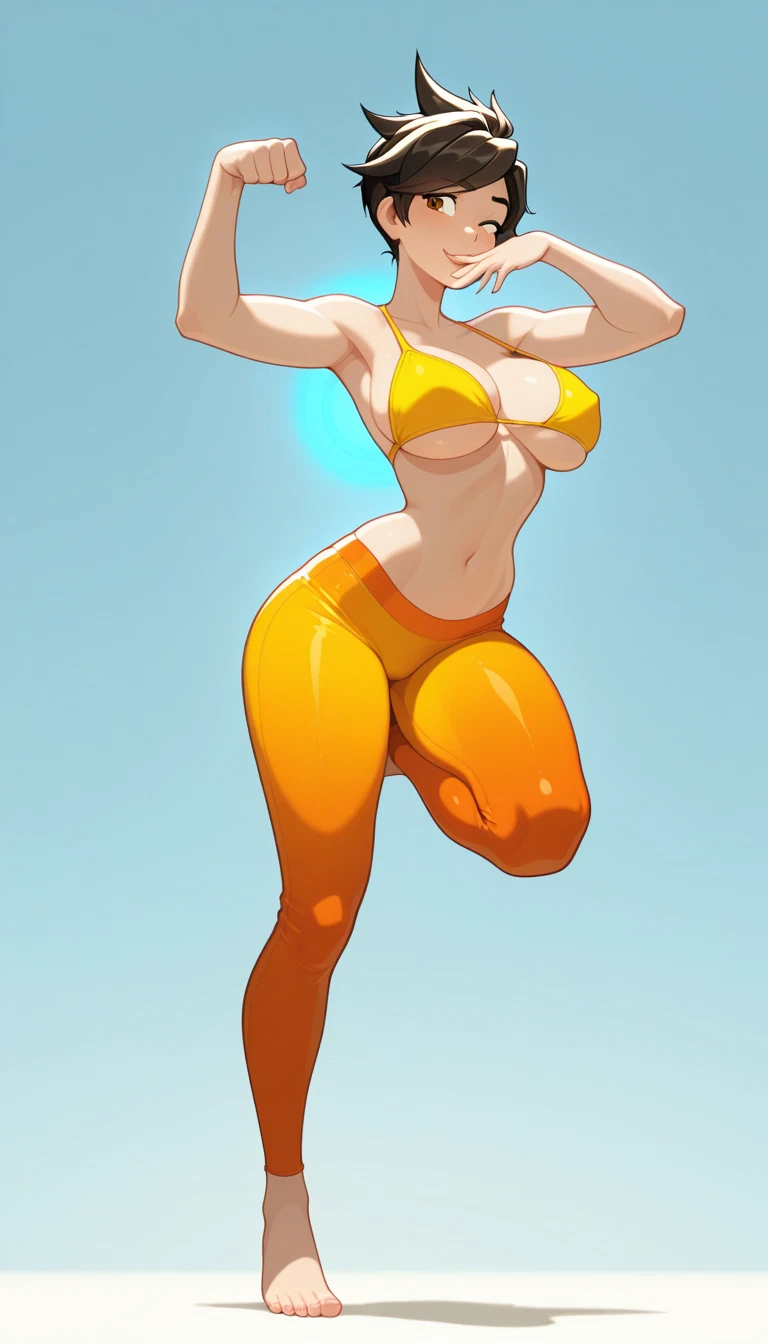 1girl, breasts, tracer (overwatch), solo, brown hair, navel