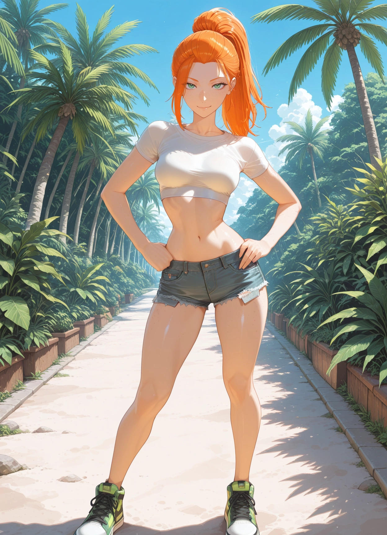 1girl, solo, shorts, orange hair, tree, outdoors · Yamete.gg