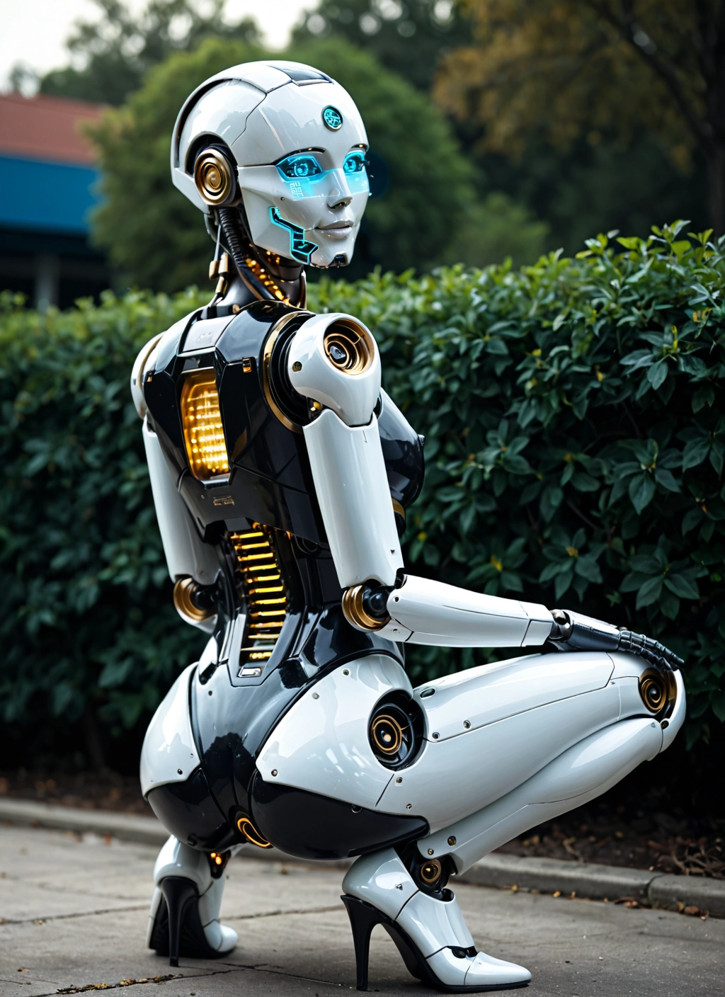 1girl, solo, high heels, squatting, robot, robot joints