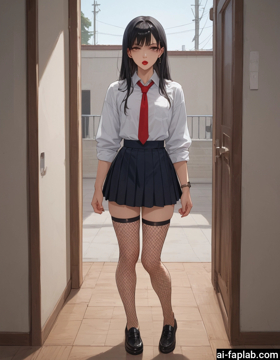 1girl, skirt, thighhighs, fishnets, solo, necktie · Yamete.gg