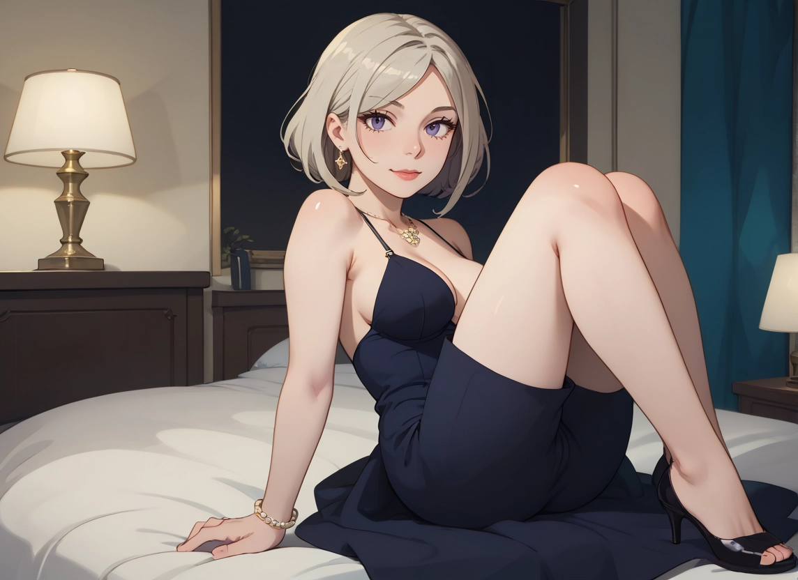 1girl, breasts, jewelry, high heels, dress, earrings · Yamete.gg