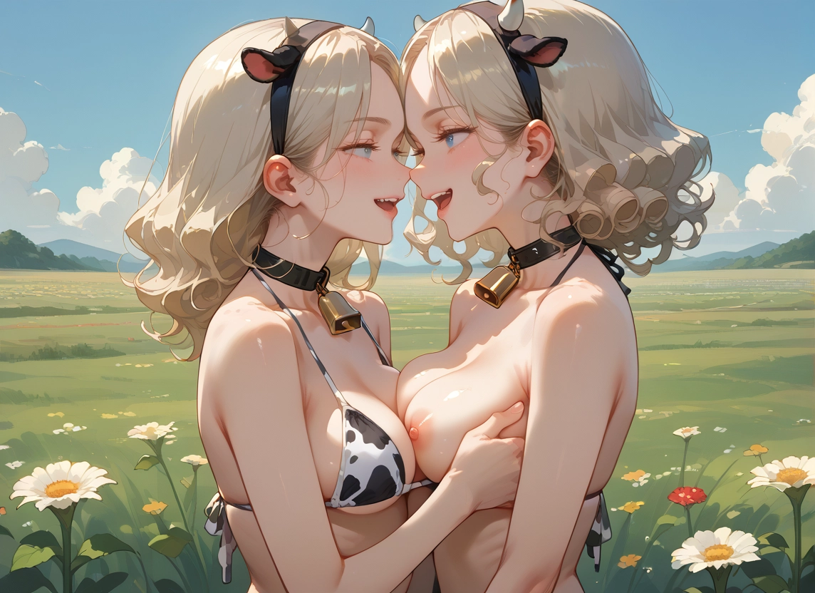 breasts, multiple girls, 2girls, nipples, cow print, flower · Yamete.gg