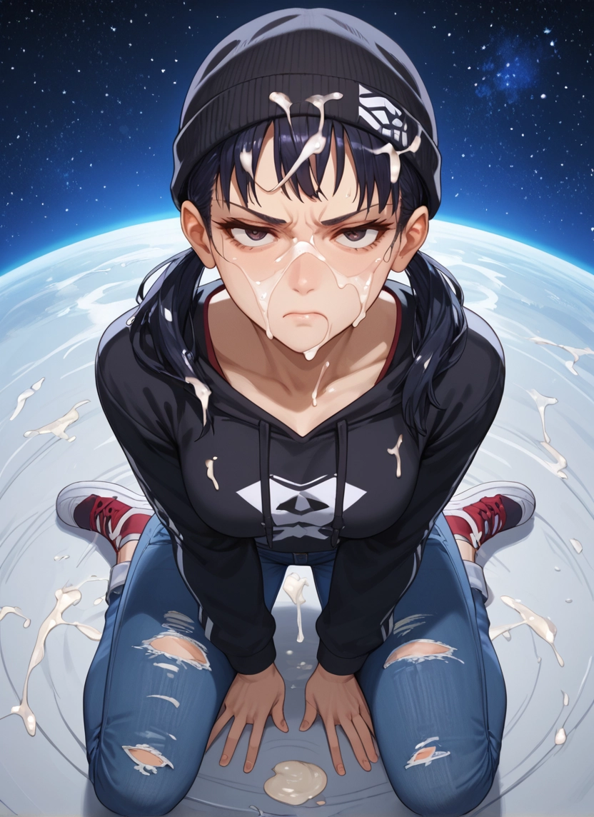 1girl, solo, facial, cum, hood, twintails · Yamete.gg