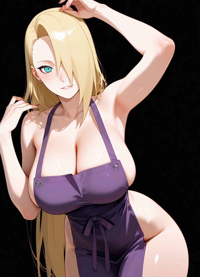 1girl, breasts, solo, hair over one eye, blonde hair, long hair