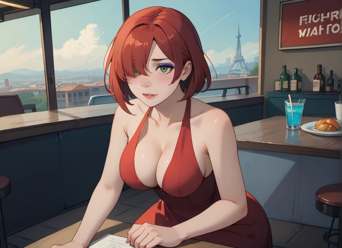 1girl, breasts, dress, green eyes, cleavage, solo · Yamete.gg