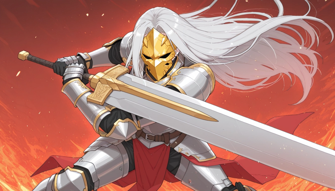 armor, weapon, sword, long hair, shoulder armor, solo · Yamete.gg