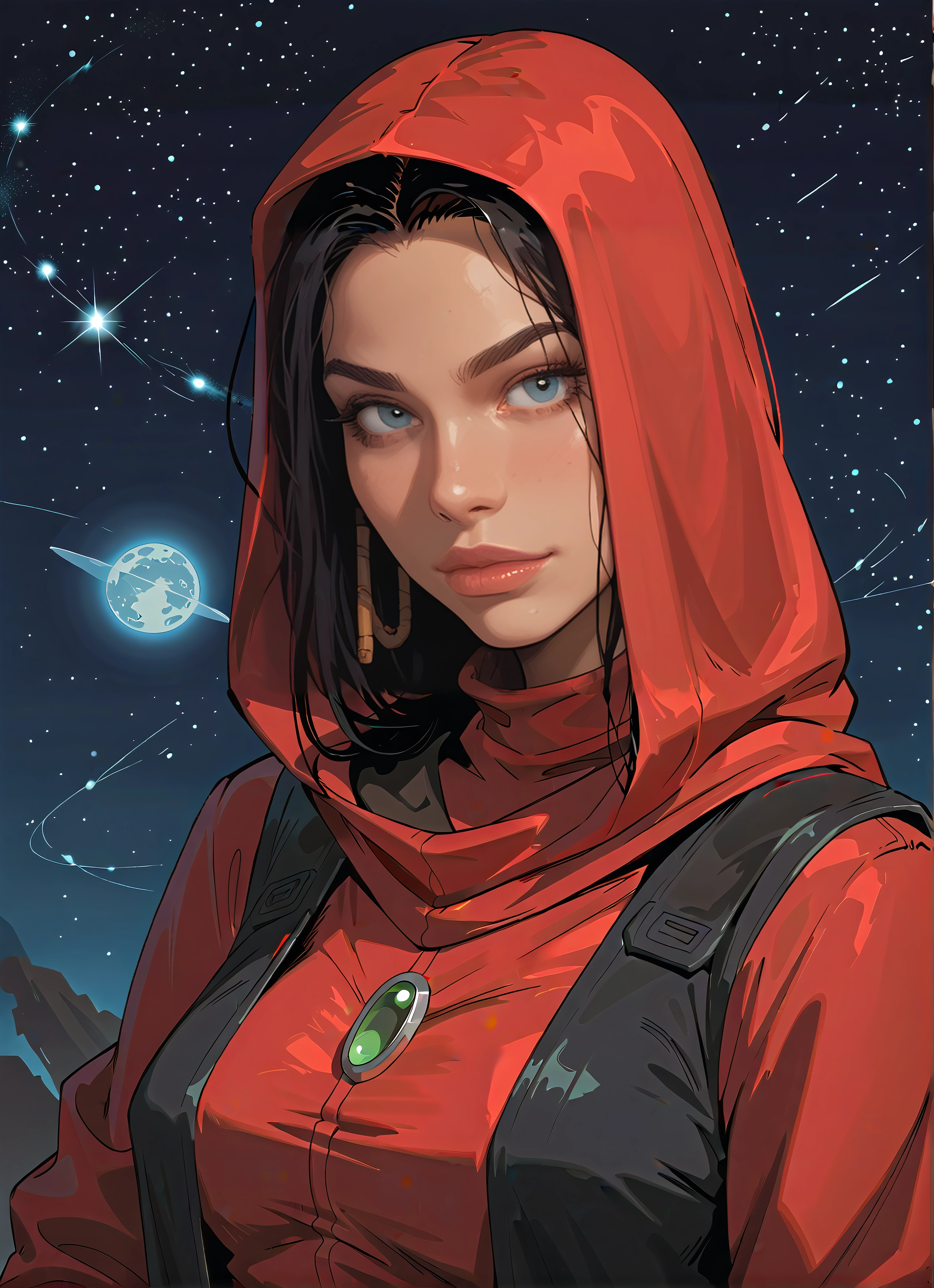 1girl, solo, hood, blue eyes, black hair, star (sky) · Yamete.gg