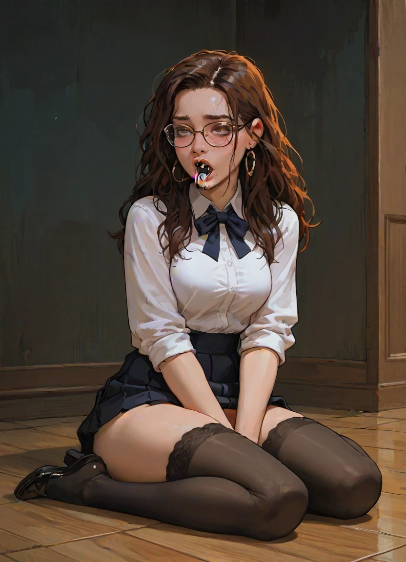 1girl, thighhighs, solo, shirt, skirt, brown hair · Yamete.gg