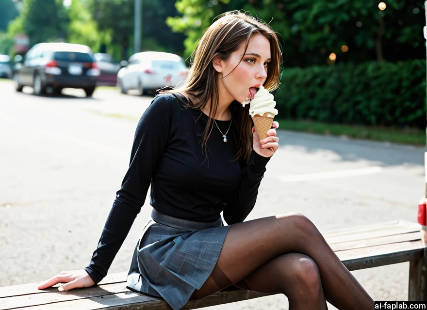 1girl, food, skirt, pantyhose, ice cream, sitting · Yamete.gg