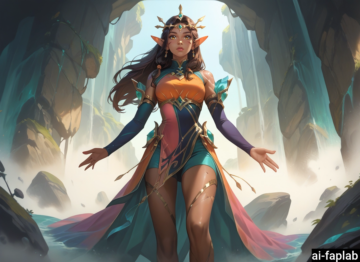 1girl, pointy ears, solo, long hair, dark-skinned female, dark skin · Yamete.gg