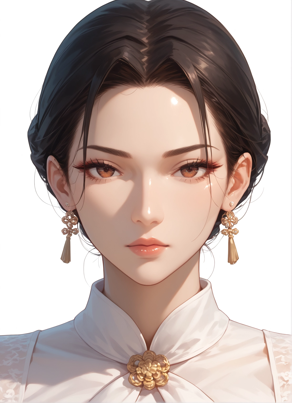 1girl, solo, jewelry, earrings, brown eyes, white background · Yamete.gg
