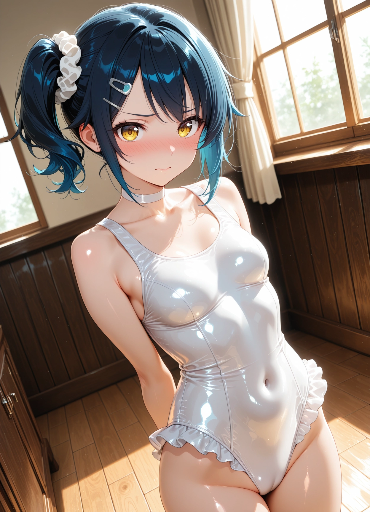 1girl, solo, hair ornament, breasts, indoors, one-piece swimsuit · Yamete.gg