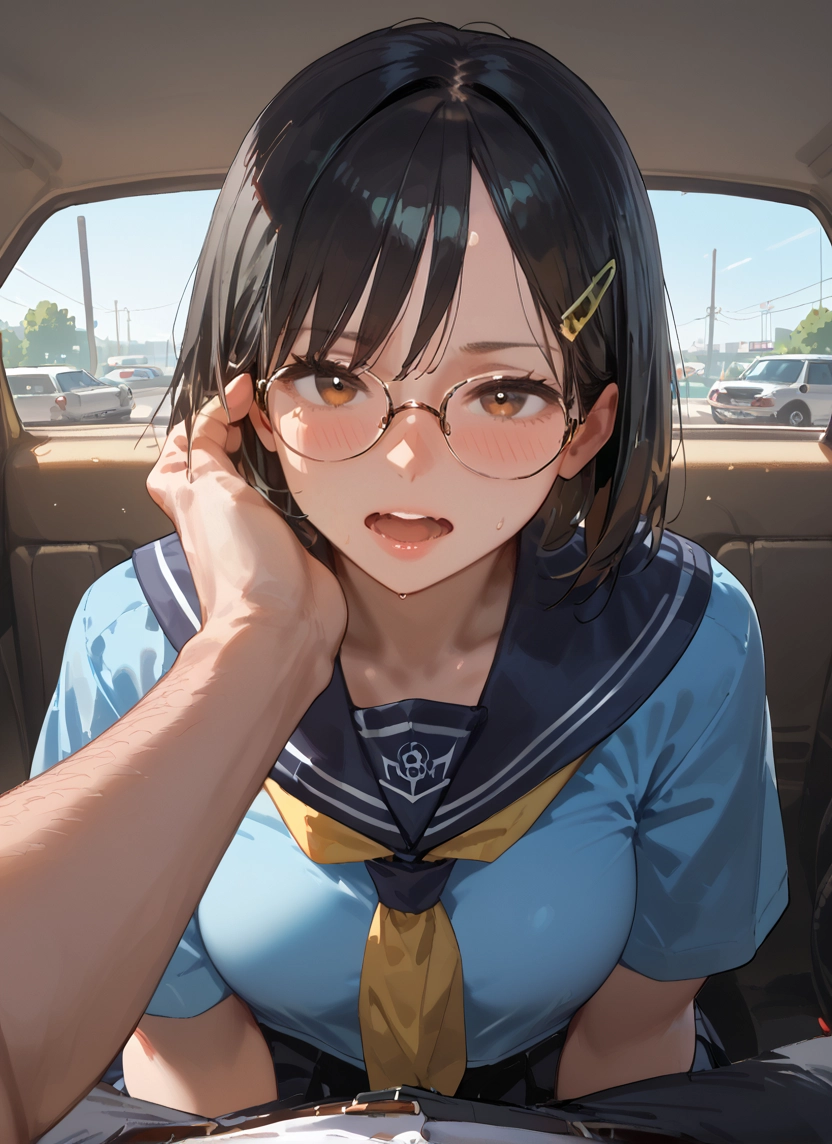 1girl, glasses, school uniform, hair ornament, open mouth, hairclip · Yamete.gg