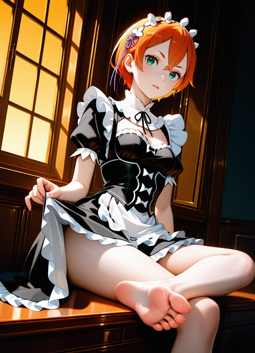 1girl, barefoot, solo, breasts, maid, feet · Yamete.gg
