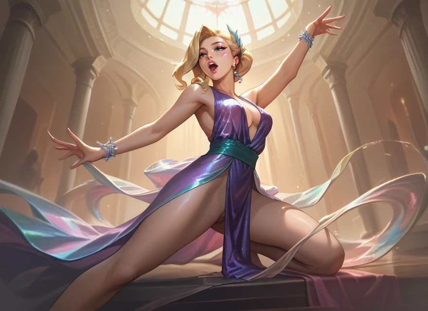 1girl, breasts, blonde hair, jewelry, dress, green eyes · Yamete.gg