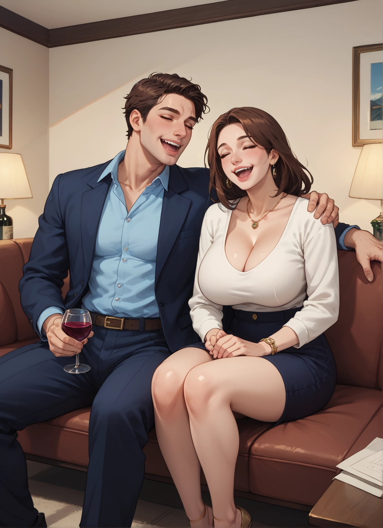 1girl, 1boy, breasts, brown hair, jewelry, skirt · Yamete.gg