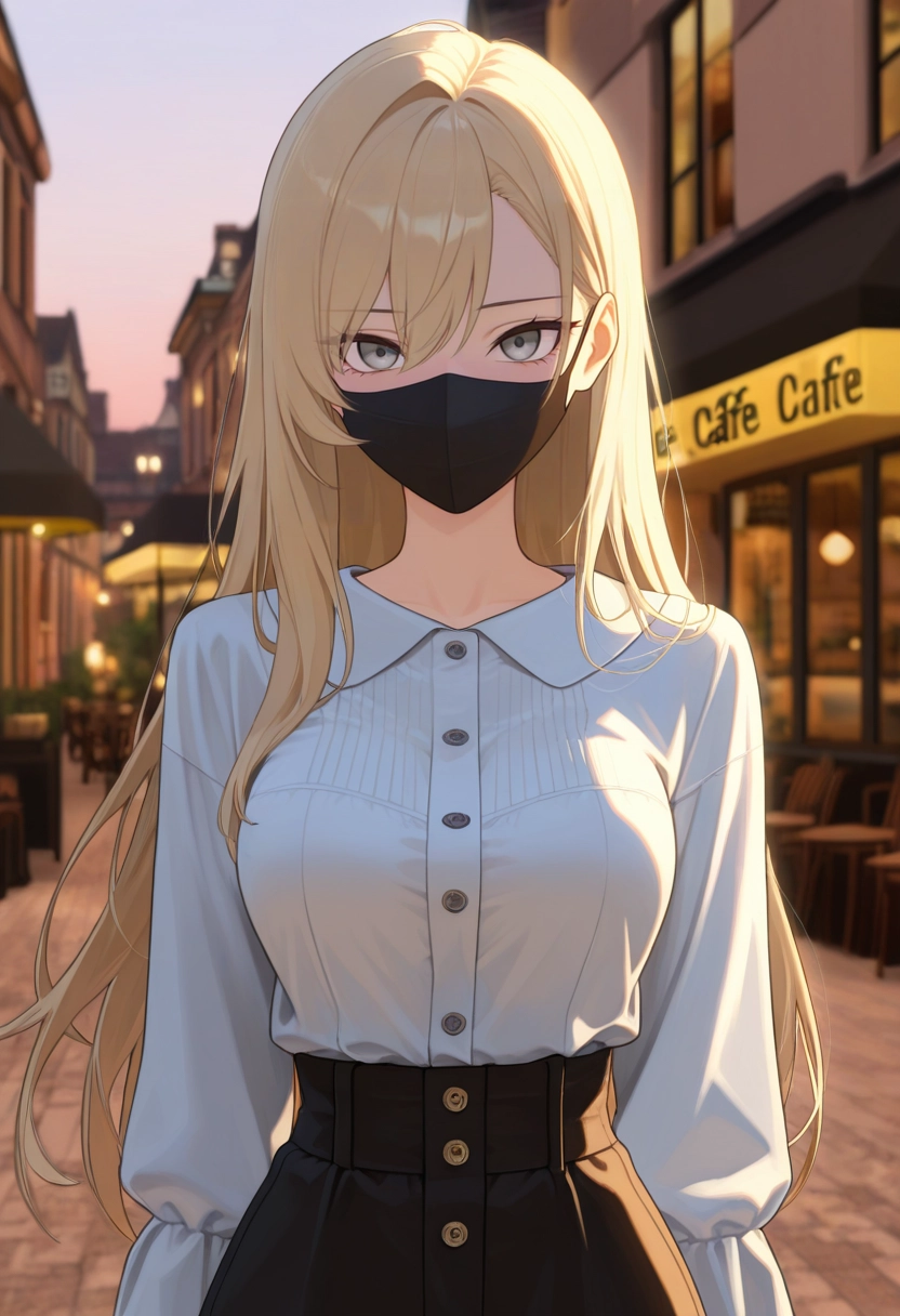 1girl, solo, mouth mask, shirt, blonde hair, long hair