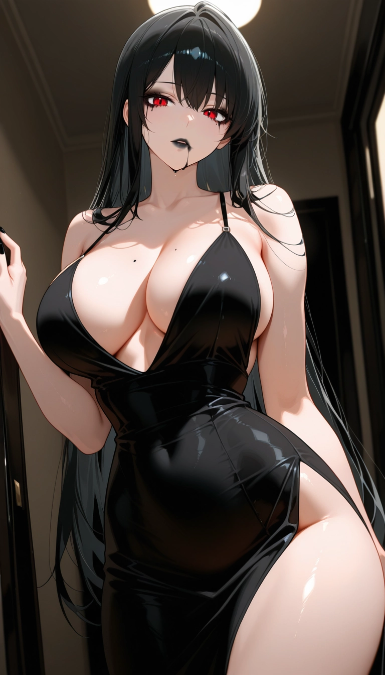1girl, breasts, dress, black hair, solo, black dress · Yamete.gg