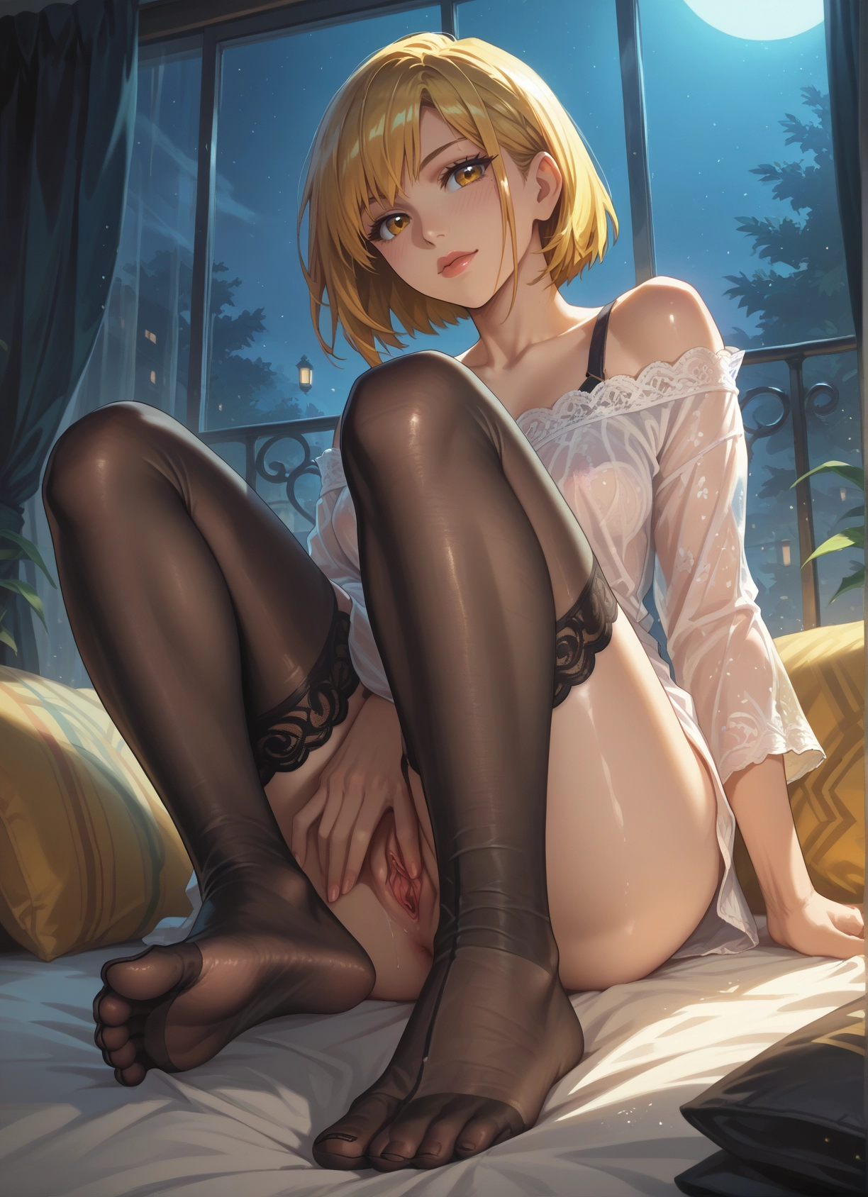 1girl, solo, pussy, blonde hair, thighhighs, uncensored · Yamete.gg