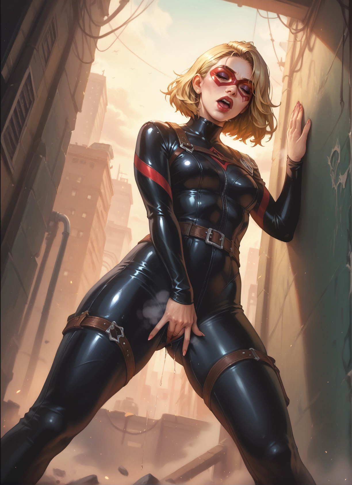 1girl, solo, bodysuit, blonde hair, pussy juice, mask · Yamete.gg